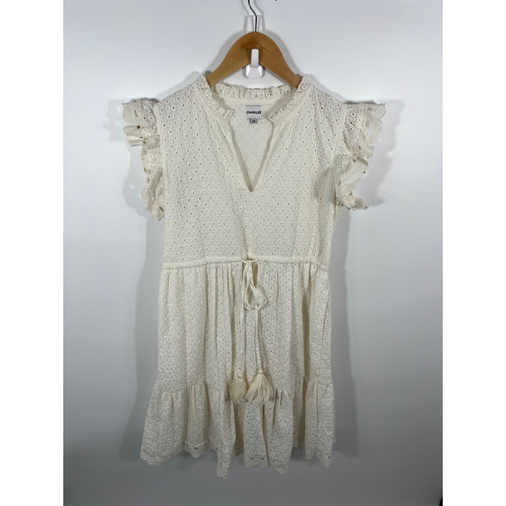 Womens 100% Cotton Eyelet Dress XS White Ruffle Boho Coastal Preppy Chic Bride